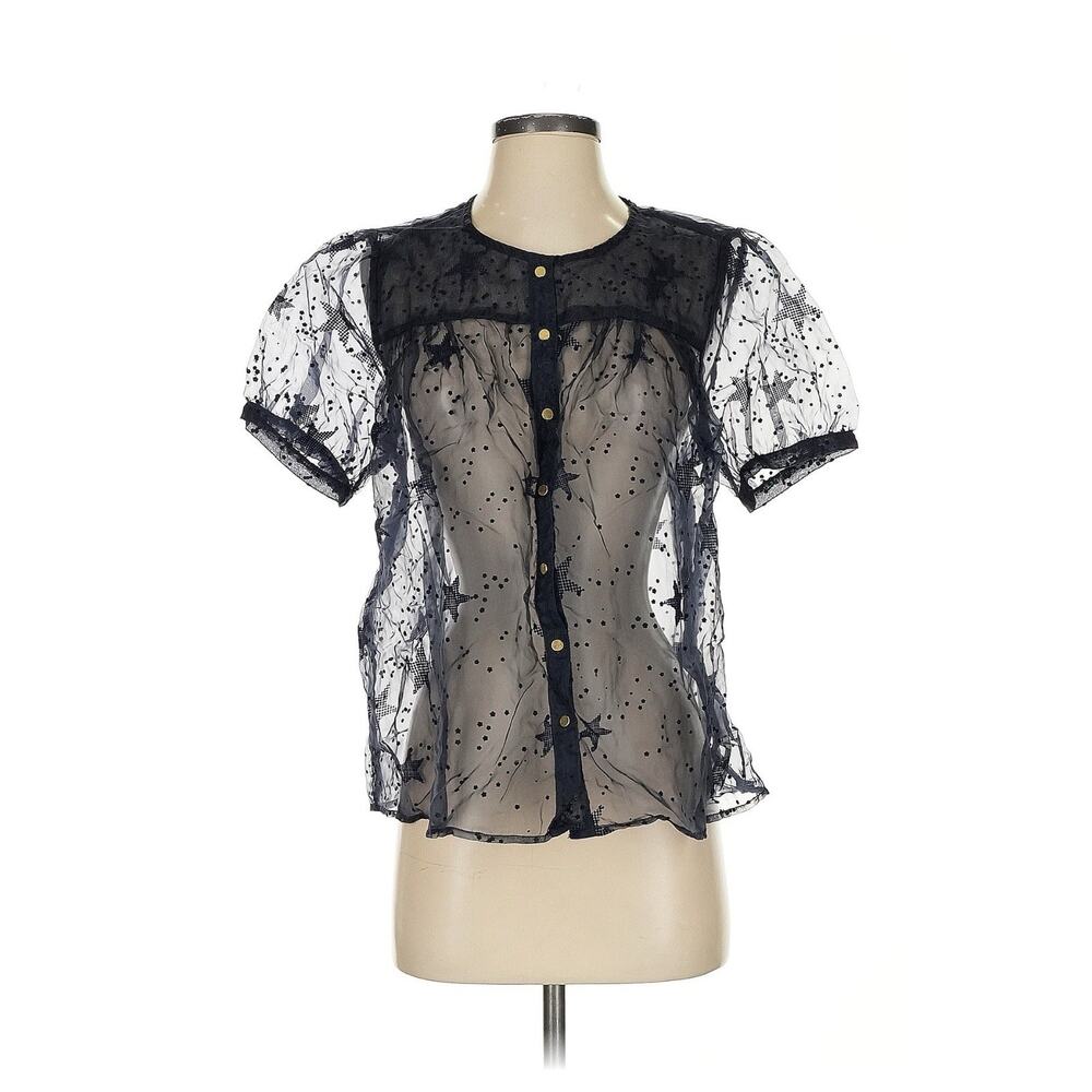 Anthropologie Let Me Be Sheer Navy Blue Velvet Star Pattern Puff Sleeve Blouse S - Picture 2 of 5